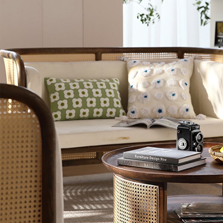 Beige Cushions Sofa in Rattan Accent Tropical Sofa with Tuxedo Arm