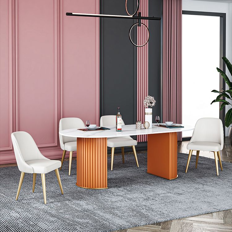 Oval Sintered Stone Dining Table Modern Table in White with Metal Double Pedestal Base Clearhalo ' dining_table' 'Dining Tables & Seating' 'Dining Tables' 'furn' 'furn_dining_table' 'Furniture' 'furniture_dining_table' 'Kitchen & Dining Furniture' 'kitchen&dining_furn' 'kitchen' 'kitchen_dining_table' 1200x1200_fb387eea-fa63-4941-b6e0-448e45bcc89e
