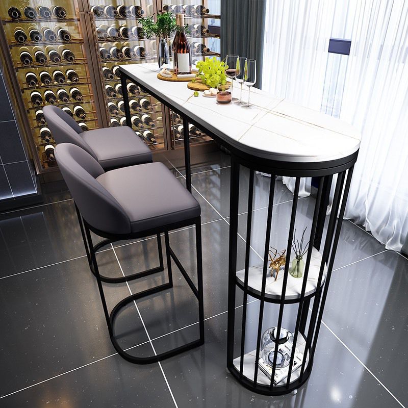 Stone Indoor Industrial Bar Dining Table Black Double Pedestal Bistro Table with Shelve Clearhalo 'Bar Furniture' 'Bar Tables' 'bar_tables' 'furn' 'furn_bar_tables' 'Furniture' 'furniture_bar_tables' 'Kitchen & Dining Furniture' 'kitchen&dining_furn' 'kitchen' 1200x1200_fb6eb3f7-734c-4813-bb19-4dd330bc3bbe