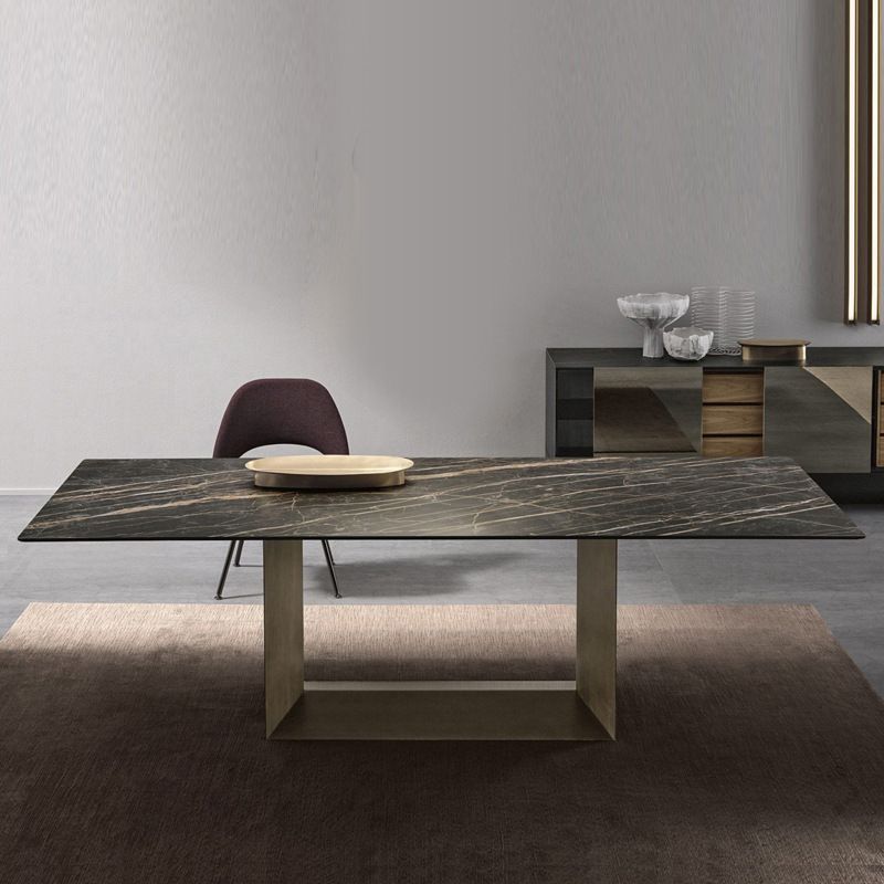 Mesa de comedor rectangular de piedra sinterizada, muebles modernos con base de acero para el hogar