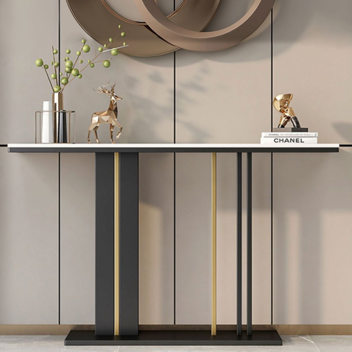 Mesa de consola superior de mármol moderna con tapa rectangular y base de pedestal