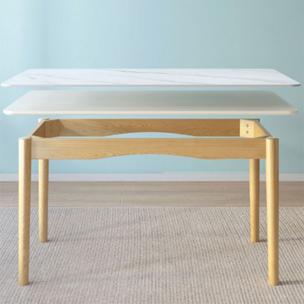 Mesa de comedor de piedra rectangular blanco moderno con 4 pies de madera maciza