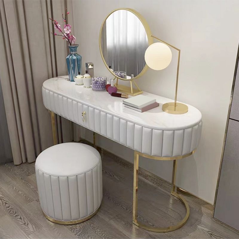 1-Drawer Makeup Vanity Table with Mirror & Stool Luxurious Stone/Leather Dresser Clearhalo 'Bedroom Furniture' 'furn' 'furn_makeup_vanities' 'Furniture' 'Makeup Vanities' 'makeup_vanities' 1200x1200_fbab16ed-5021-47dc-989d-8ff14a093779