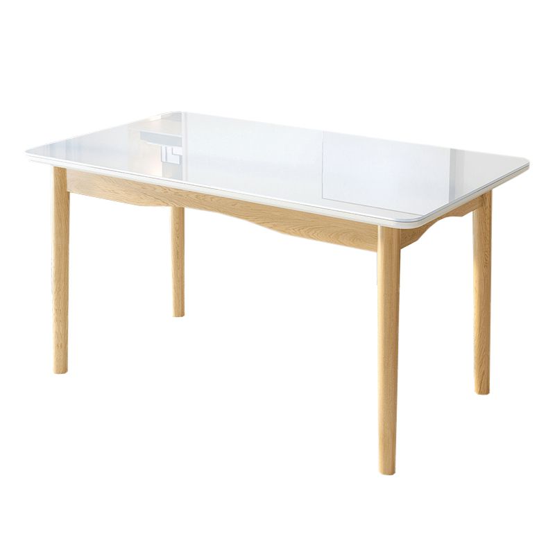 Contemporary Rectangular White Glass Dining Table with Solid Wood Legs