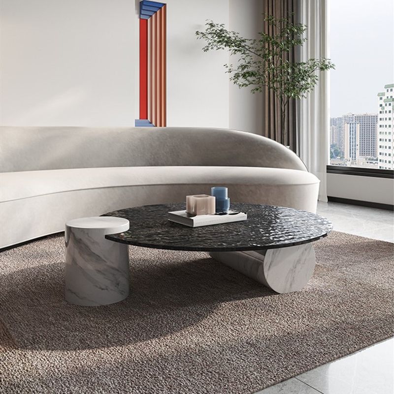 Moderne stijl Slate & Glass Round salontafel met witte basis en zwart/witte top