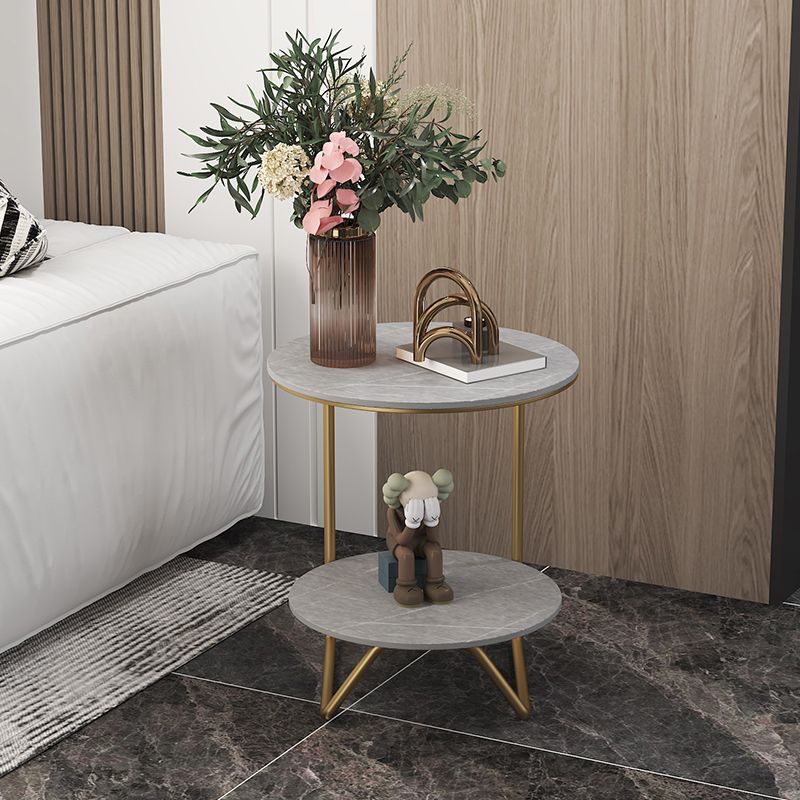 Modern Metal C Side Table Round Slate Side End Table with Shelf