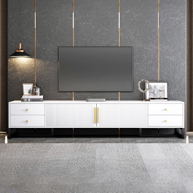 Console multimediale moderna per TV in marmo con contenitore chiuso e gambe in metallo per soggiorno