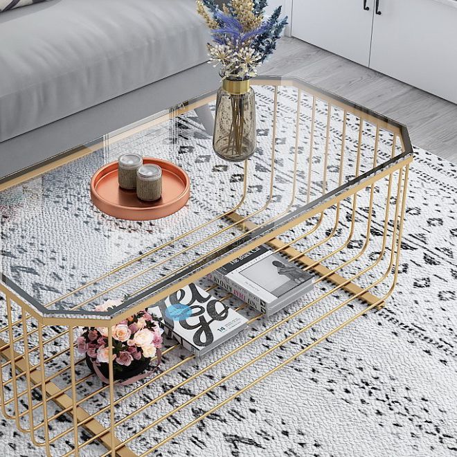 Gold Metal Frame Coffee Table Luxurious Cocktail Table with Shelf Clearhalo 'Coffee & Accent Tables' 'Coffee Tables' 'coffee_tables' 'furn' 'furn_coffee_tables' 'Furniture' 'Living Room Furniture' 1200x1200_fbec01ef-476a-4198-a067-197dee6c5cc7