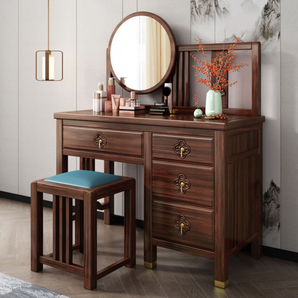 Traditional 4-Drawer Brown Solid Wood Dressing Table with Mirror Makeup Vanity Stool