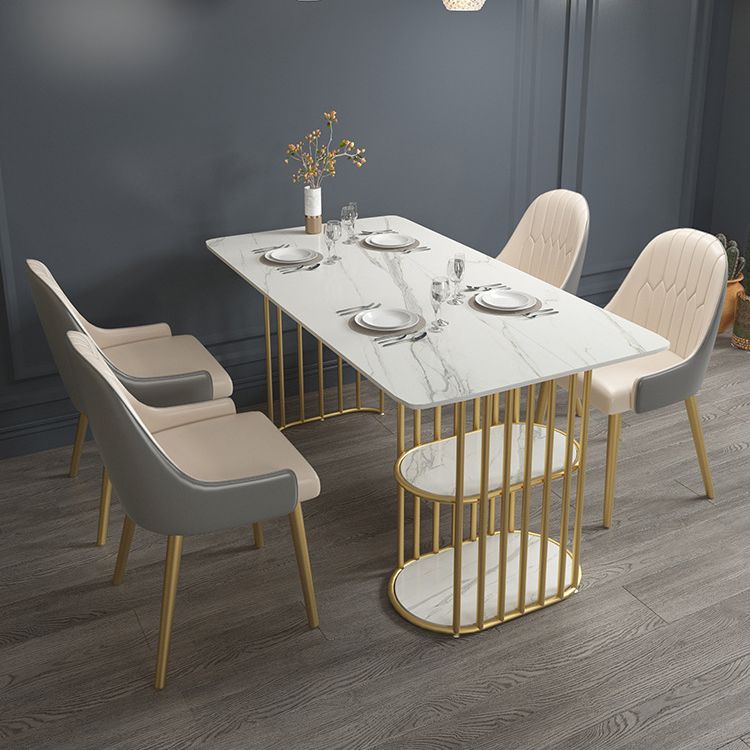 Glam Style Dining Table Metal Double Gold Pedestal Table with Storage Clearhalo 'Dining Tables & Seating' 'Dining Tables' 'dining_table' 'furn' 'furn_dining_table' 'Furniture' 'furniture_dining_table' 'Kitchen & Dining Furniture' 1200x1200_fc139f0e-8713-4ad6-822a-4bd5e78aab00