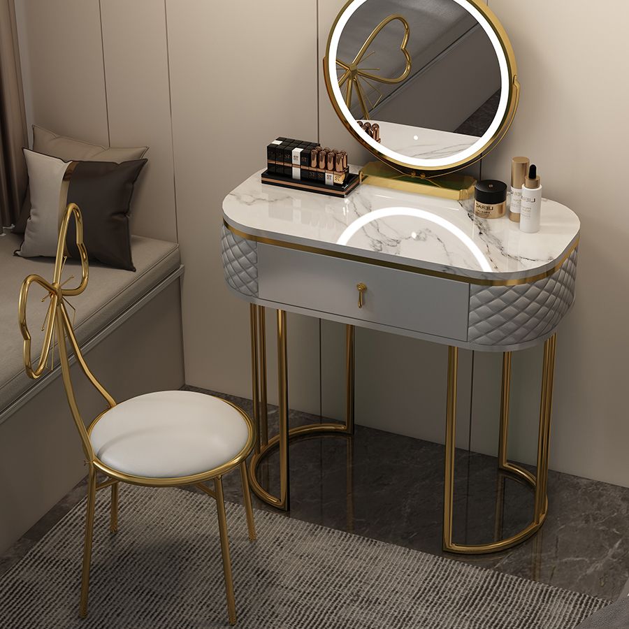 Luxurious Metal Make-up Vanity Stone Top Dressing Table Stool Set with Lighted Mirror