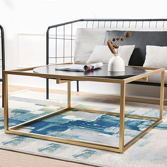 Metal Frame Base Coffee Table Round Solid Wood Cocktail Table in Black