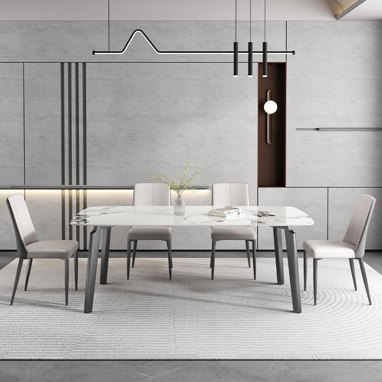 White Modern Rectangular Stone Dining Table with Stainless Steel Base Clearhalo 'Dining Tables & Seating' 'Dining Tables' 'dining_table' 'furn' 'furn_dining_table' 'Furniture' 'Kitchen & Dining Furniture' 1200x1200_fc37b376-7e41-4a56-b3ca-2bafbee73263