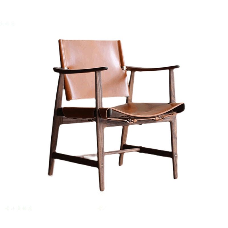 Mid-century Modern Real Aniline Leather Chair with Square Arms and 4 Legs
