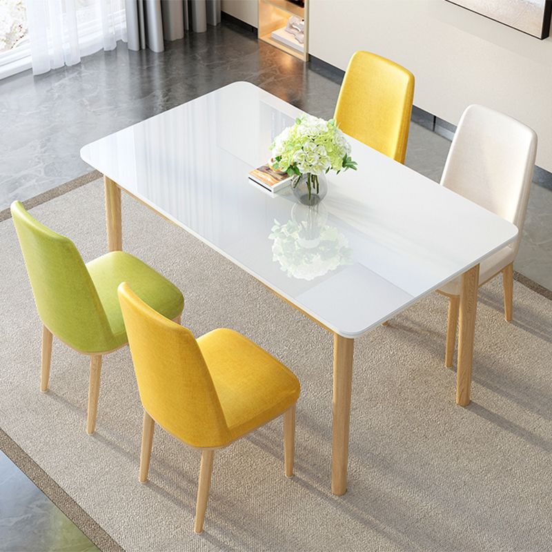 Contemporary Rectangular White Glass Dining Table with Solid Wood Legs