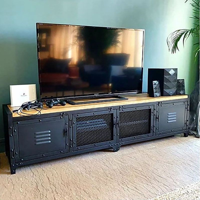 Industrial Iron & Pine Wood TV Stand for TVs 19.69" H 4 Doors TV Console Clearhalo 'furn' 'furn_tv_stands_entertainment_centers' 'Furniture' 'Living Room Furniture' 'TV Stands & Entertainment Centers' 'TV Stands & Media Storage Furniture' 'tv_stands_entertainment_centers' 1200x1200_fc95544d-966a-4840-8933-ec5b4ea8ff10