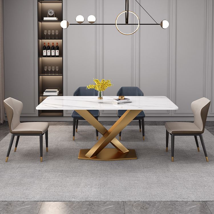 Luxury Sintered Stone Top Dining Table Rectangle Table with Single Pedestal in Gold