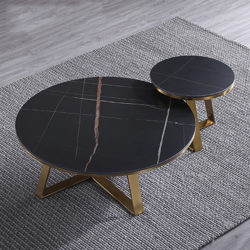 Black Round Slate Coffee Table Luxurious Steel Frame Cocktail Table
