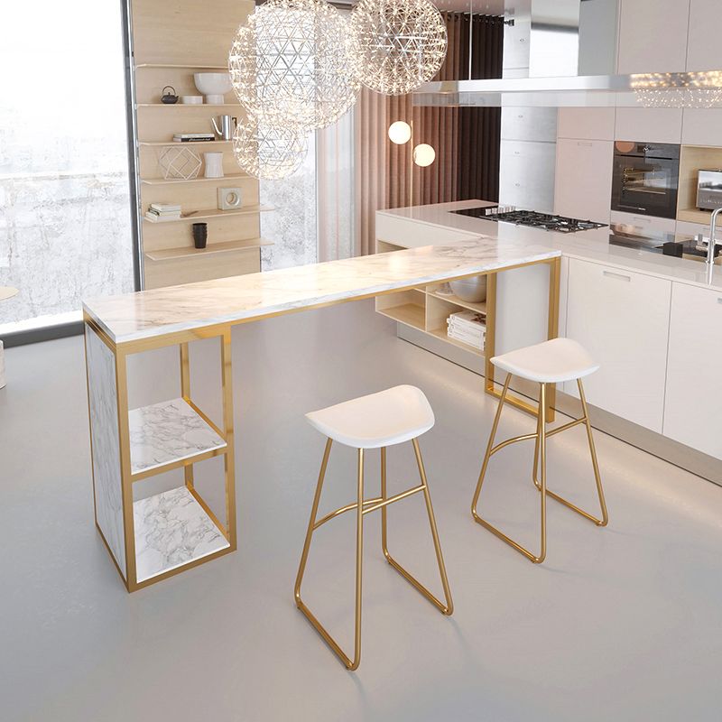 Glam Rectangle Faux Marble Bar Table Double Pedestal Bar Table with 2-Shelf, Only Table Clearhalo 'Bar Furniture' 'Bar Tables' 'bar_tables' 'furn' 'furn_bar_tables' 'Furniture' 'furniture_bar_tables' 'Kitchen & Dining Furniture' 1200x1200_fca5ab99-5f37-4dd4-8ba5-14642a8b7ee4