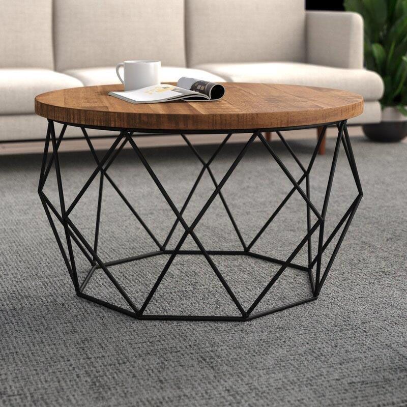 Contemporary Solid Wood Coffee Table with Round Top and Metal Base