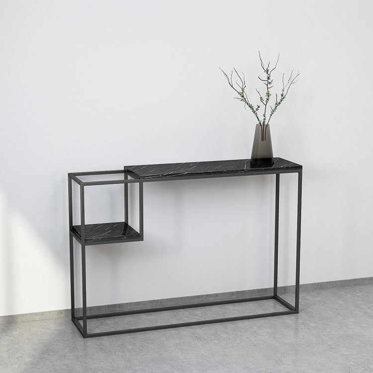 Tabella della console superiore in marmo rettangolo con scaffale di stoccaggio e base di ferro