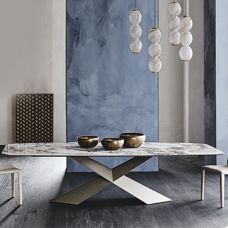 Modern Gray Stone Top Table Metal Base Rectangle Dining Table for Kitchen