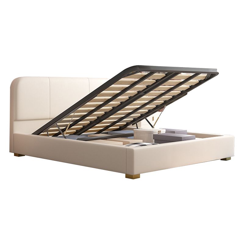 Glam Genuine Leather Bed Frame White Upholstered Low Profile Standard Bed