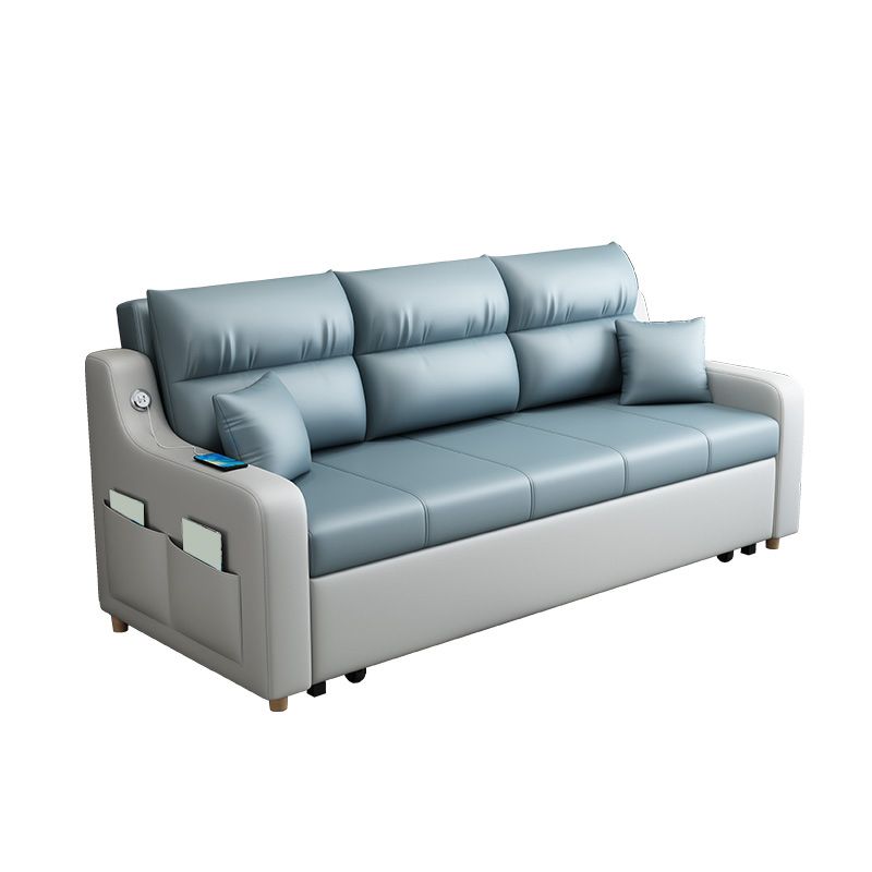 Blue Convertible Sofa Bed Sewn Pillow Back Sofa with Storage
