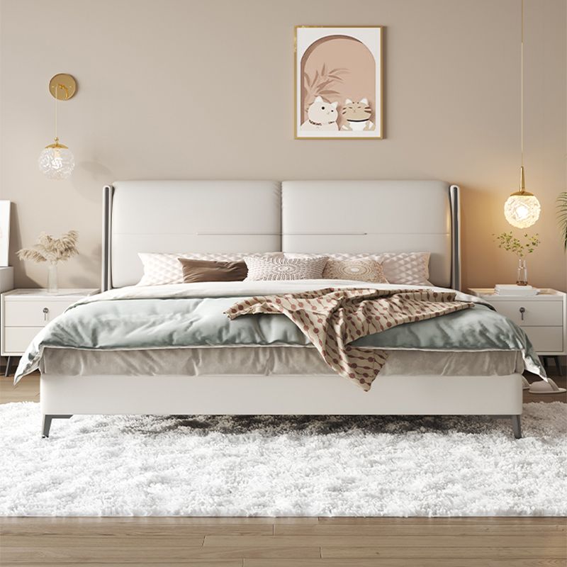 Letto moderno a pannello in legno beige vera pelle di pelle standard con testiera imbottita
