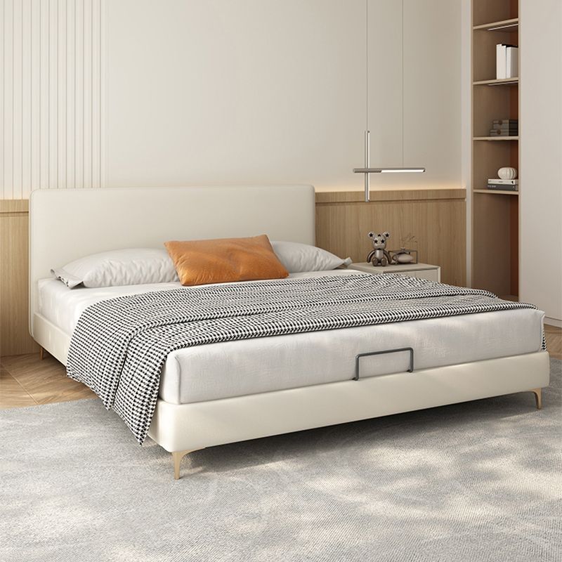 Letto standard in legno e imbottito con letto a pannello in testiera in beige