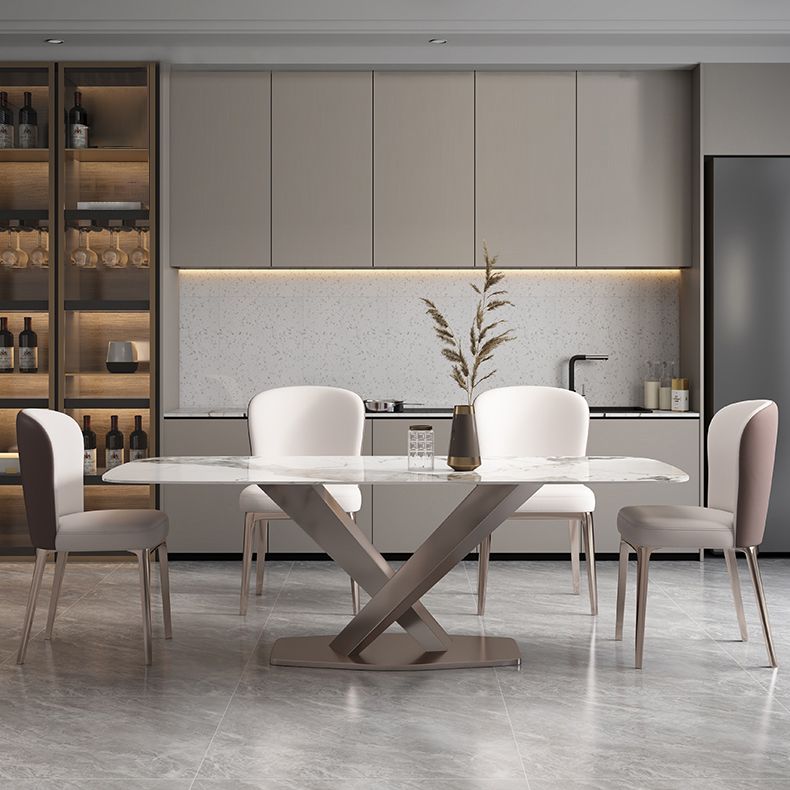 Minimalist Style Sintered Stone Dining Table with White Fixed Table and Trestle Base for Home Use Clearhalo 'Dining Room Sets' 'Dining Tables & Seating' 'dining_room_set' 'furn' 'furn_dining_room_set' 'Furniture' 'furniture_dining_room_set' 'Kitchen & Dining Furniture' 'kitchen&dining_furn' 'kitchen' 1200x1200_fd8bbea5-b658-4f9d-ad60-60008cf39b62