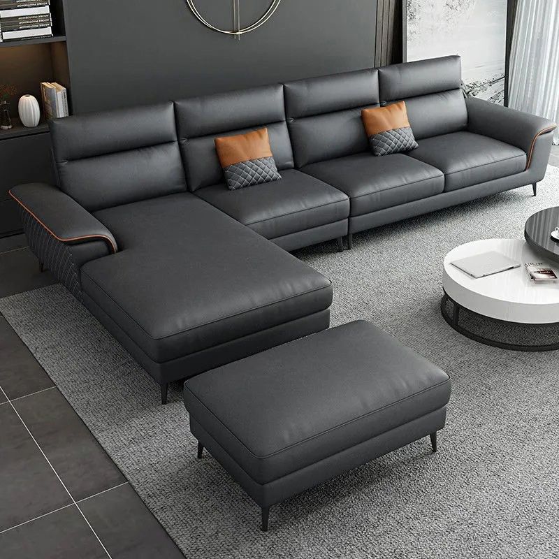 Modern 4-Seater Pillow Top Arm Sofa Faux Leather Sofa with Chaise - 129.9" W Clearhalo 'furn' 'furn_sectionals' 'Furniture' 'Living Room Furniture' 'Sectionals' 1200x1200_fd9de8ed-e717-44b2-996b-b4f5a28a7436