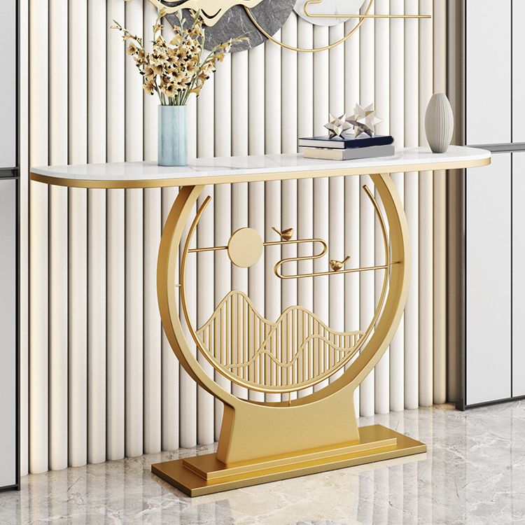 31.49" High Stone Console Table Half Moon Accent Table with Iron Frame