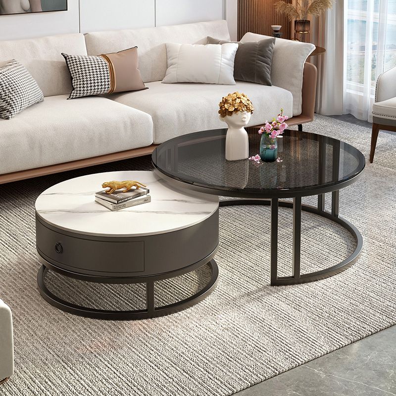 Round Nesting Coffee Table Set Frame Glass Coffee Table with Drawer Clearhalo 'Coffee & Accent Tables' 'Coffee Tables' 'coffee_tables' 'furn' 'furn_coffee_tables' 'Furniture' 'Living Room Furniture' 1200x1200_fdbbbbe4-1ccd-46a9-96b8-316330719792