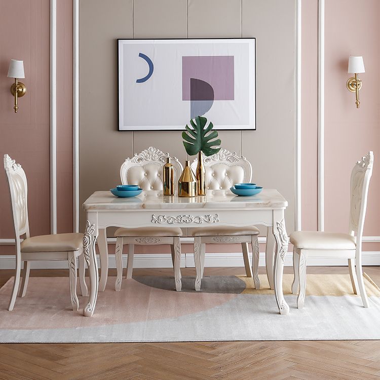 White Color Rectangle Marble Fixed Dinner Table with 4 Legs for Dining Room