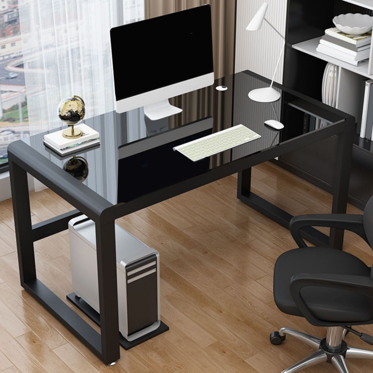 Glass Top Rectangular Gaming Desk Modern 29.53" Tall Computer Desk with Sled Base Clearhalo 'furn' 'furn_office_desk' 'Furniture' 'Office Desks' 'Office Furniture' 'office_desk' 1200x1200_fe02b5c8-f10c-49d6-8e39-ffad1f55621f