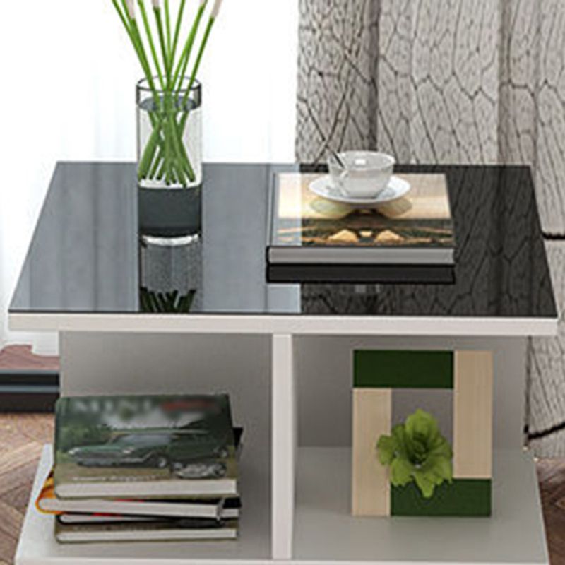 Transitional Square Glass Top End Table Portable Sofa Side Table with Shelves