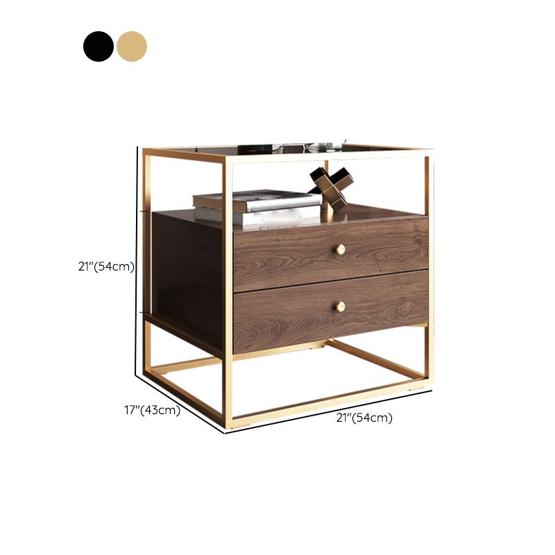 21.25" Tall Rectangular Glass Top Side Table Iron Frame 2-Drawer End Table