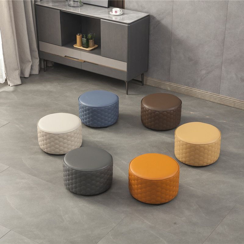 Modern Round Pouf Plain PU Leather Stain Resistant Boucle Ottoman