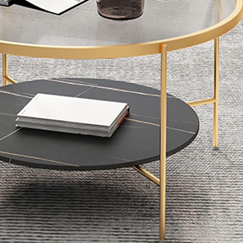 Modern Style Round Glass Table Plate Metal 4 Legs Base with Storage Rack Coffee Table Clearhalo 'Coffee & Accent Tables' 'Coffee Tables' 'coffee_tables' 'furn' 'furn_coffee_tables' 'Furniture' 'Living Room Furniture' 1200x1200_fea1a33f-75e1-401a-9428-239af625fa36