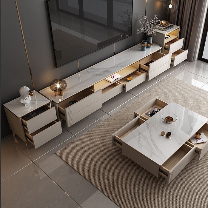 Glam White TV Media Consola 13.7 "Stand de televisión de altura con 6 cajones