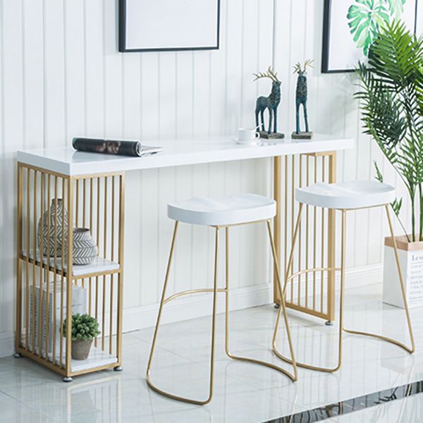 Solid Wood Bistro Table Metal Base Rectangle Bar Height Pub Table with Shelves