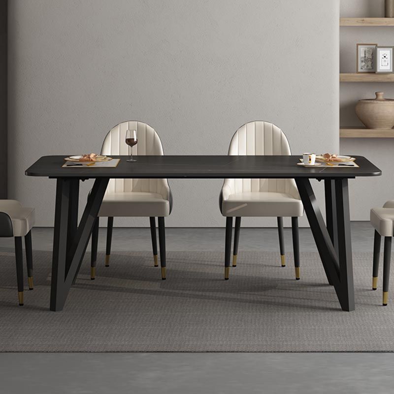 Industrial Rectangle Tripod Base Dining Table Black Frame Stone Top Dining Table Clearhalo 'Dining Tables & Seating' 'Dining Tables' 'dining_table' 'furn' 'furn_dining_table' 'Furniture' 'furniture_dining_table' 'Kitchen & Dining Furniture' 'kitchen' 'kitchen_dining_table' 1200x1200_ff2b2b7d-5c98-43e2-8cec-b4768668b117