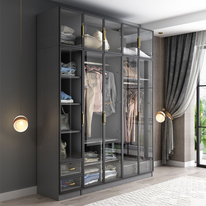 Contemporary Style Glass Wardrobe Grey Colour Wardrobe Closet Clearhalo 'Armoires & Wardrobes' 'armoires_wardrobes' 'Bedroom Furniture' 'furn' 'furn_armoires_wardrobes' 'Furniture' 1200x1200_ff2d5bcc-7968-4866-864e-c69a88d5cc0c