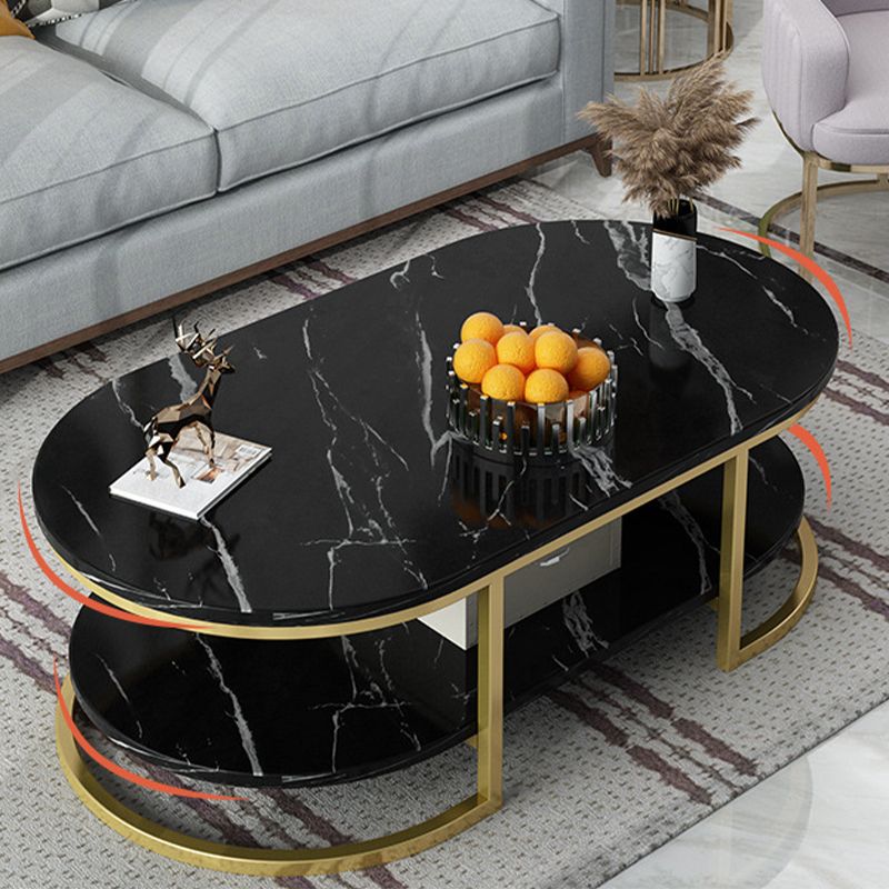 Modern Oval Marble Imitation Coffee Table with Metal Legs in Black/White with Shelf Clearhalo 'Coffee & Accent Tables' 'Coffee Tables' 'coffee_tables' 'Furniture' 'furniture_coffee_tables' 'Living Room Furniture' 1200x1200_ff304982-ff07-46eb-9f41-62621a8d111e