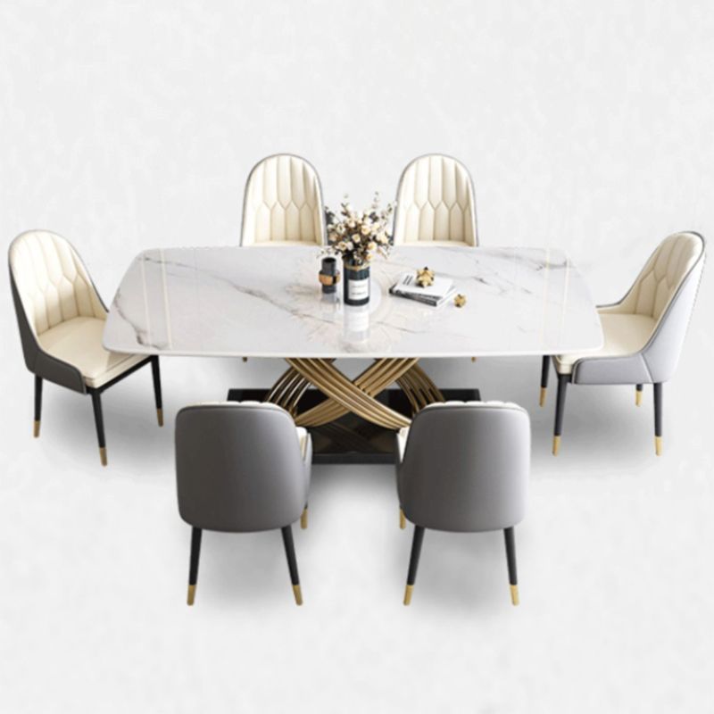 Mesa de comedor estilo Glam, mesa rectangular de piedra sinterizada con patas de metal para el hogar