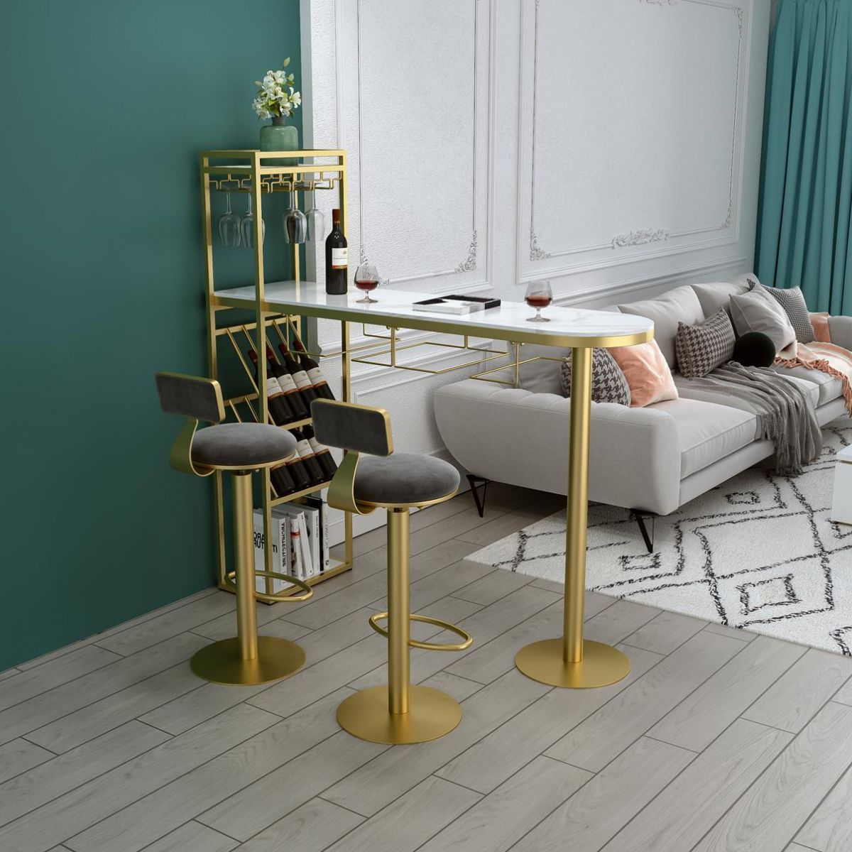 Glam Style Iron Bar Table 41.3"H Faux Marble White Top Bistro Table with Wine Rack Clearhalo 'Bar Furniture' 'Bar Tables' 'bar_tables' 'furn' 'furn_bar_tables' 'Furniture' 'furniture_bar_tables' 'Kitchen & Dining Furniture' 'kitchen&dining_furn' 'kitchen' 1200x1200_ff7f99de-60db-4aa5-a791-670612a7d88d