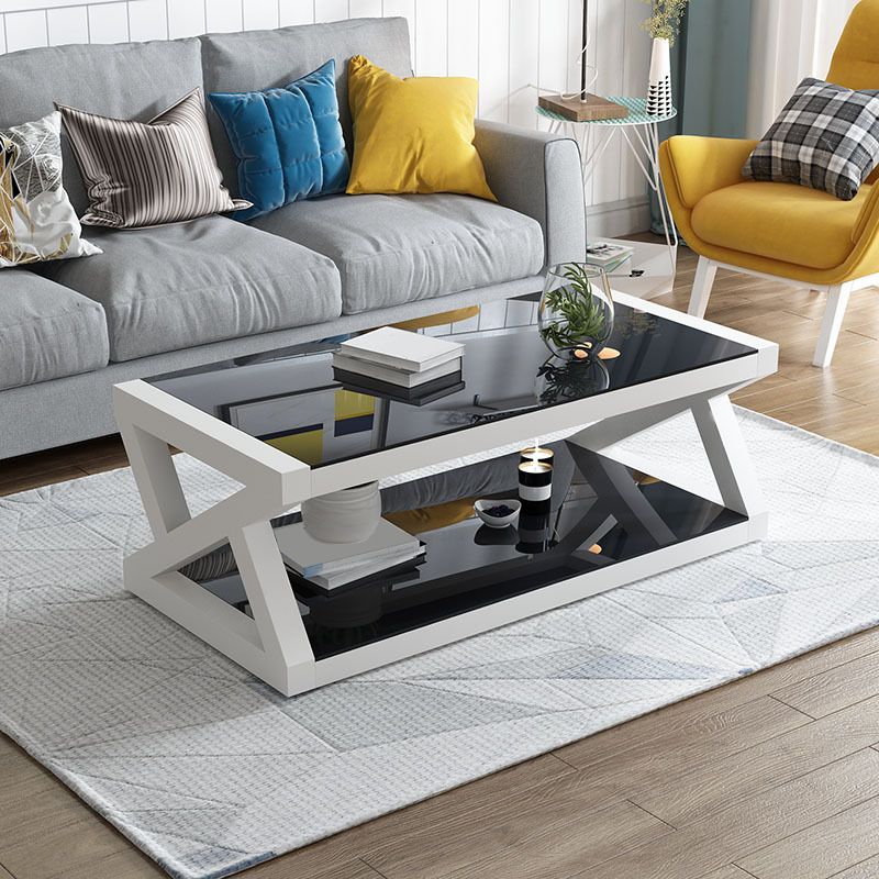 17.7" Tall Modern Trestle Base Glass Rectangular Coffee Table with Shelf Clearhalo 'Coffee & Accent Tables' 'Coffee Tables' 'coffee_tables' 'Furniture' 'furniture_coffee_tables' 'Living Room Furniture' 1200x1200_ff835f0a-27d6-405a-a4b5-4773e4b21fae