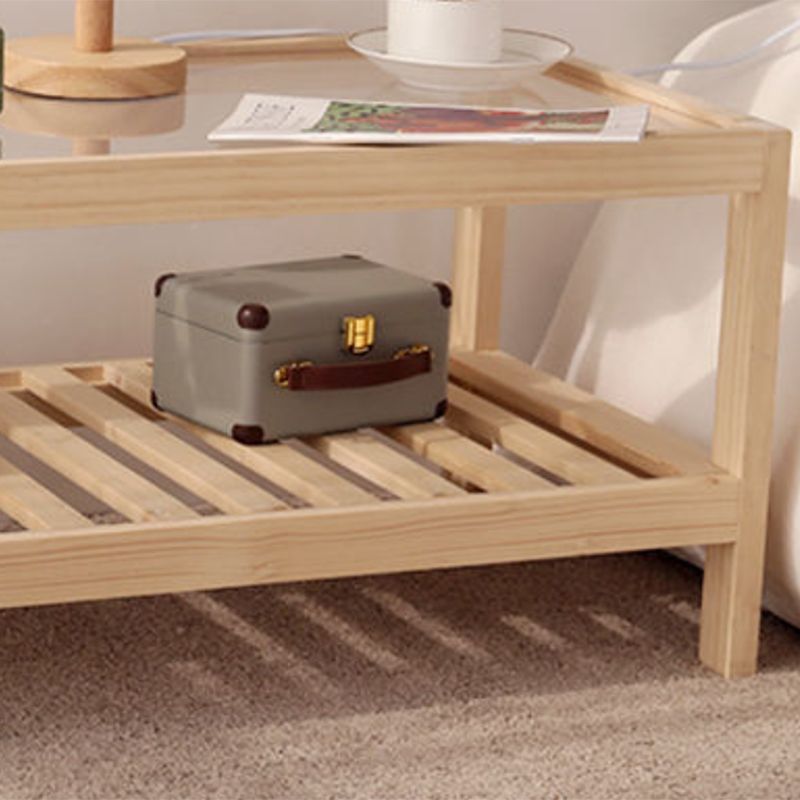 Modern Wooden Frame Coffe Table with Glass Top and Storage Shelf