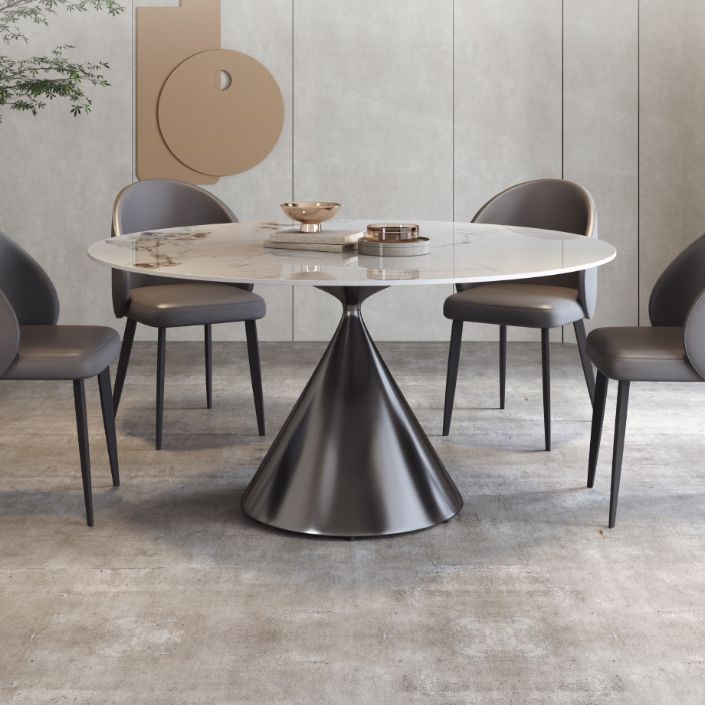 Tavolo da pranzo moderno di pietra bianca rotonda con piedistallo grigio